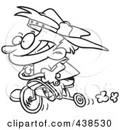 Cartoon Black And White Outline Design Of A Boy Riding His Trike