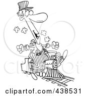 Poster, Art Print Of Cartoon Black And White Outline Design Of A Train Engineer Riding A Small Locomotive