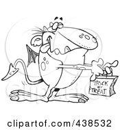 Royalty Free RF Clip Art Illustration Of A Cartoon Black And White Outline Design Of A Dragon Trick Or Treating On Halloween