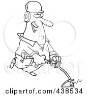 Cartoon Black And White Outline Design Of A Happy Landscaper Using A Weed Wacker