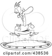 Cartoon Black And White Outline Design Of A Man Jumping On A Trampoline