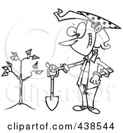 Cartoon Black And White Outline Design Of A Proud Woman With A Shovel By A Newly Planted Tree
