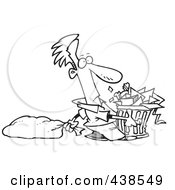 Poster, Art Print Of Cartoon Black And White Outline Design Of A Man Taking Out A Lot Of Trash