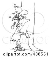 Royalty Free RF Clip Art Illustration Of A Cartoon Black And White Outline Design Of A Hippie Woman Hugging A Tree