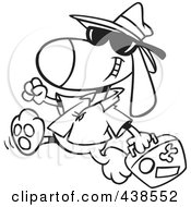 Royalty Free RF Clip Art Illustration Of A Cartoon Black And White Outline Design Of A Traveling Dog Carrying Luggage