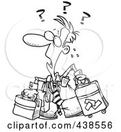 Poster, Art Print Of Cartoon Black And White Outline Design Of A Confused Businessman With Luggage