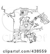 Cartoon Black And White Outline Design Of A Boy Playing Near His Pirate Tree House