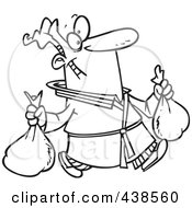 Poster, Art Print Of Cartoon Black And White Outline Design Of A Man Happily Taking Out Two Trash Bags