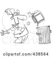 Royalty Free RF Clip Art Illustration Of A Cartoon Black And White Outline Design Of A Businessman Throwing Away A Broken Computer