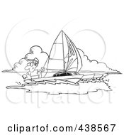 Royalty Free RF Clip Art Illustration Of A Cartoon Black And White Outline Design Of A Man Sailing A Trimaran by toonaday
