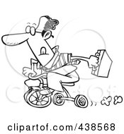 Cartoon Black And White Outline Design Of A Black Businessman Riding A Trike To Work