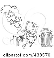 Royalty Free RF Clip Art Illustration Of A Cartoon Black And White Outline Design Of A Businesswoman Throwing Away A Broken Computer