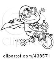 Cartoon Black And White Outline Design Of A Boy Wearing A Cape And Goggles While Riding His Trike