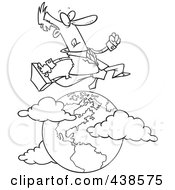 Poster, Art Print Of Cartoon Black And White Outline Design Of A Traveling Salesman Leaping Over The Globe