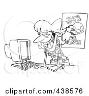 Poster, Art Print Of Cartoon Black And White Outline Design Of A Female Travel Agent Grinning And Leaning Over Her Desk