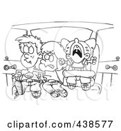 Cartoon Black And White Outline Design Of Siblings Fighting In A Car On A Road Trip