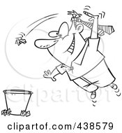 Poster, Art Print Of Cartoon Black And White Outline Design Of A Man Wearing A Tie On His Head And Tossing Trash