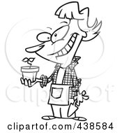 Royalty Free RF Clip Art Illustration Of A Cartoon Black And White Outline Design Of A Pleased Woman Showing Her Transplanted Plant
