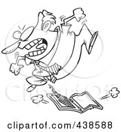 Poster, Art Print Of Cartoon Black And White Outline Design Of A Frustrated Businessman Trampling A Laptop Computer