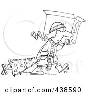 Poster, Art Print Of Cartoon Black And White Outline Design Of A Woman Carrying A Moving Box And Dragging Her Christmas Tree