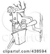 Poster, Art Print Of Cartoon Black And White Outline Design Of A Tree Trimmer Holding A Saw