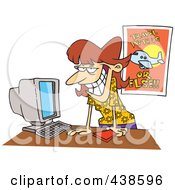 Poster, Art Print Of Cartoon Female Travel Agent Grinning And Leaning Over Her Desk