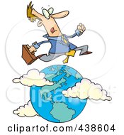 Cartoon Traveling Salesman Leaping Over The Globe