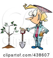 Proud Cartoon Woman With A Shovel By A Newly Planted Tree
