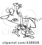 Poster, Art Print Of Cartoon Black And White Outline Design Of A Clumsy Businessman Tripping On His Own Tie