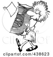 Poster, Art Print Of Cartoon Black And White Outline Design Of A Businesswoman Carrying A Huge Stack Of Paperwork