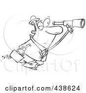 Poster, Art Print Of Cartoon Black And White Outline Design Of A Businessman Seeking An Opportunity With A Telescope