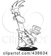 Royalty Free RF Clip Art Illustration Of A Cartoon Black And White Outline Design Of A Man With A Bulging Belly Holding Birthday Cake