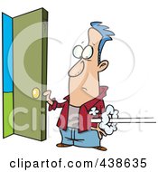 Poster, Art Print Of Cartoon Man Holding Open A Door As Someone Shoots In