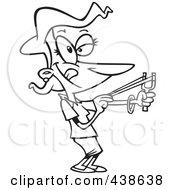 Royalty Free RF Clip Art Illustration Of A Cartoon Black And White Outline Design Of A Businesswoman Shooting A Slingshot