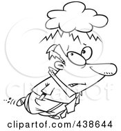 Royalty Free RF Clip Art Illustration Of A Cartoon Black And White Outline Design Of A Man With An Overcast Cloud Above His Head