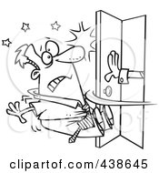 Royalty Free RF Clip Art Illustration Of A Cartoon Black And White Outline Design Of A Hand Pushing Open A Door And Knocking A Man Out