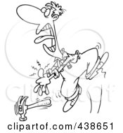 Poster, Art Print Of Cartoon Black And White Outline Design Of A Man Holding His Throbbing Thumb After Hitting It With A Hammer