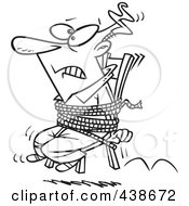 Cartoon Black And White Outline Design Of A Businessman Tied To A Chair And Working Overtime