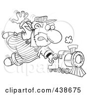 Cartoon Black And White Outline Design Of A Locomotive Engineer Holding Onto A Fast Steam Train