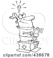 Royalty Free RF Clip Art Illustration Of A Cartoon Black And White Outline Design Of A Businessman Standing With An Idea Outside The Box