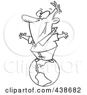 Royalty Free RF Clip Art Illustration Of A Cartoon Black And White Outline Design Of A Happy Businessman Standing On Top Of The World