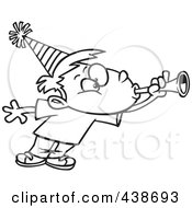 Poster, Art Print Of Cartoon Black And White Outline Design Of A Party Boy Blowing A Horn