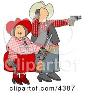 Cowboy And Cowgirl Couple Target Practicing With Pistols And A Rifle