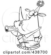 Poster, Art Print Of Cartoon Black And White Outline Design Of A New Year Rhino Businessman Blowing A Horn