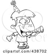 Royalty Free RF Clip Art Illustration Of A Cartoon Black And White Outline Design Of A New Year Boy With A Horn