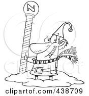 Cartoon Black And White Outline Design Of A Christmas Elf By The North Pole