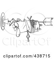 Poster, Art Print Of Cartoon Black And White Outline Design Of A Businessman Tied To An Arrow In A Target