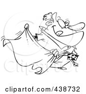 Royalty Free RF Clip Art Illustration Of A Cartoon Black And White Outline Design Of A Businessman Teasing With A Cape