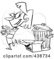 Poster, Art Print Of Cartoon Black And White Outline Design Of A Woman Tossing Old Trash
