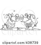 Poster, Art Print Of Cartoon Black And White Outline Design Of A Pig Wedding Couple In A Puddle Of Mud